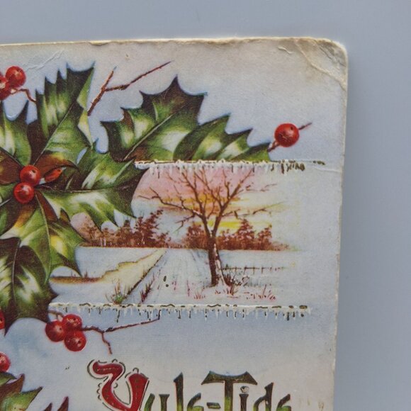 Antique Postcard Yuletide Greetings Holly Berries Embossed Design Posted 1910 - Picture 2 of 5